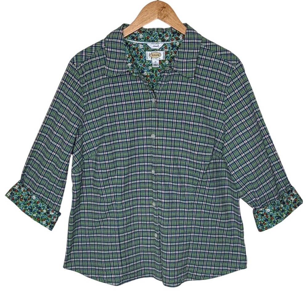 Talbots Button Down Shirt Womens 2X Green Plaid Floral Trim Stretch Cuffs Fall